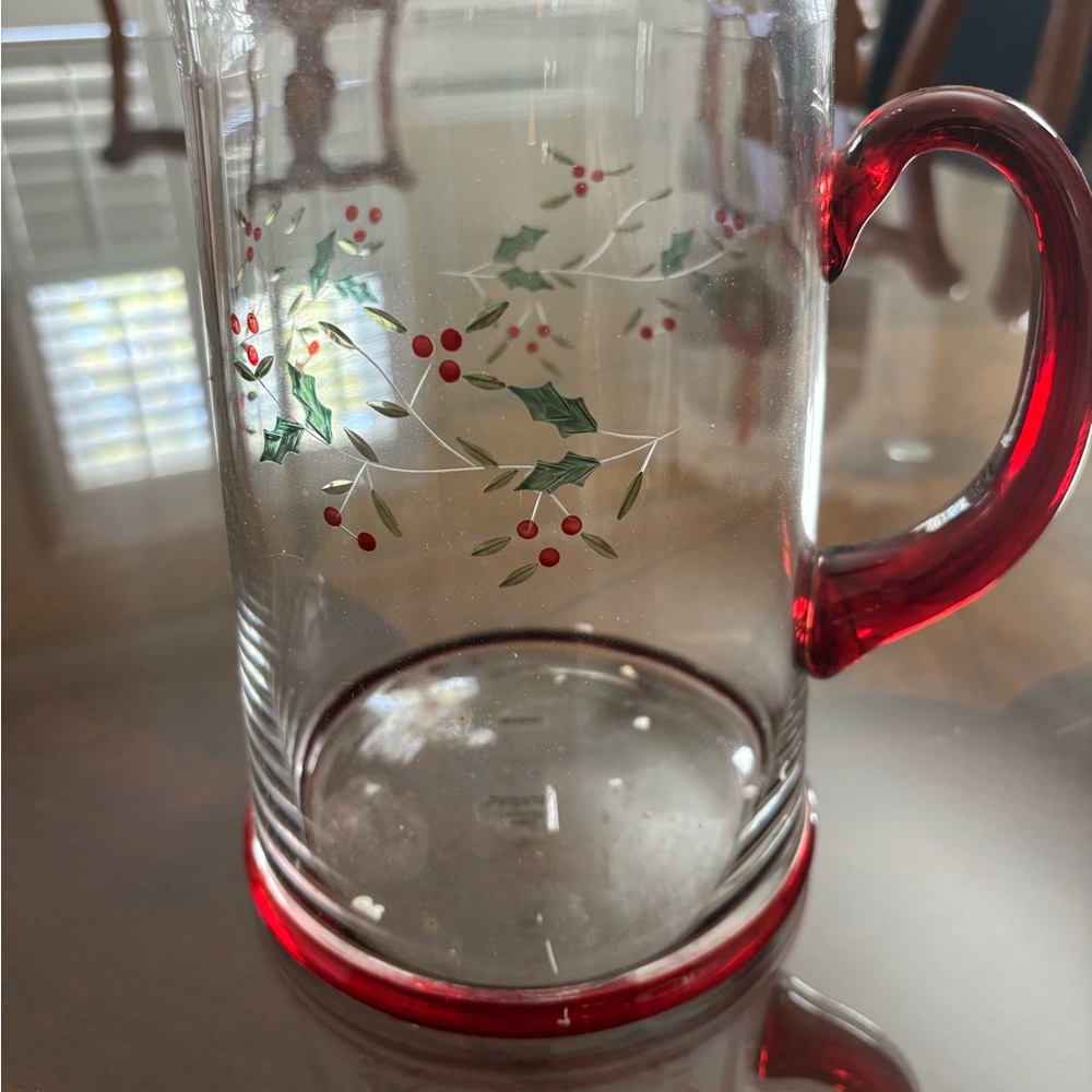 Pfaltzgraff Red and Clear Etched Glass Water Pitcher